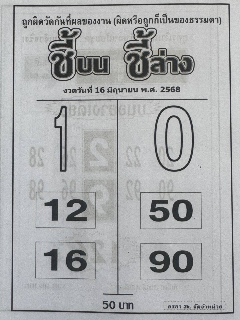 หวยชี้บนชี้ล่าง 16/6/68