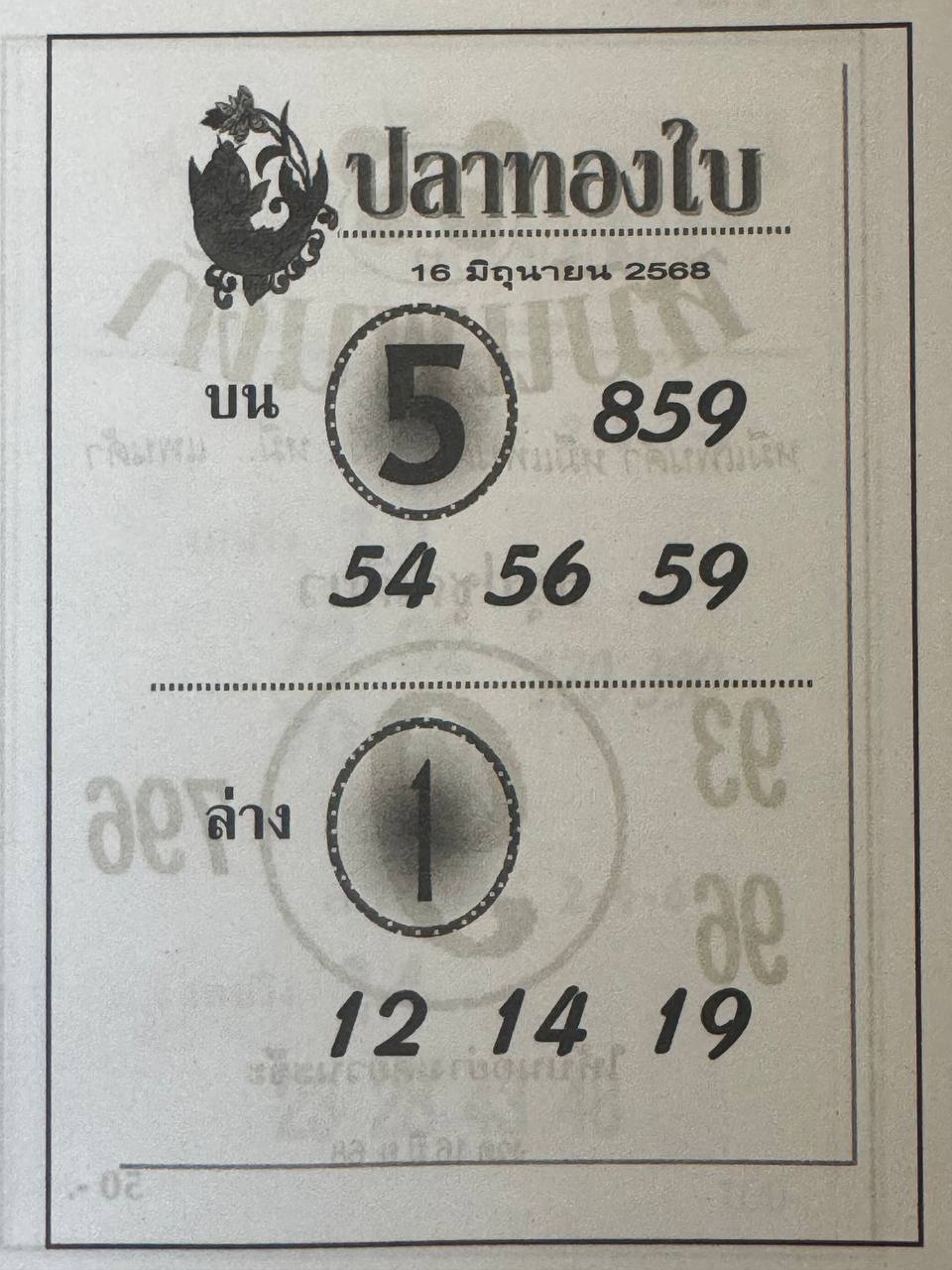 หวยปลาทองใบ 16/6/68