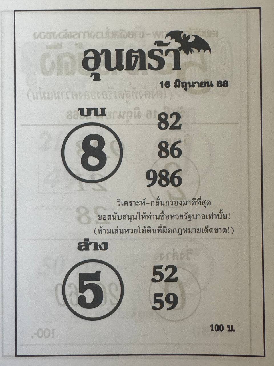 หวยอุนตร้า 16/6/68