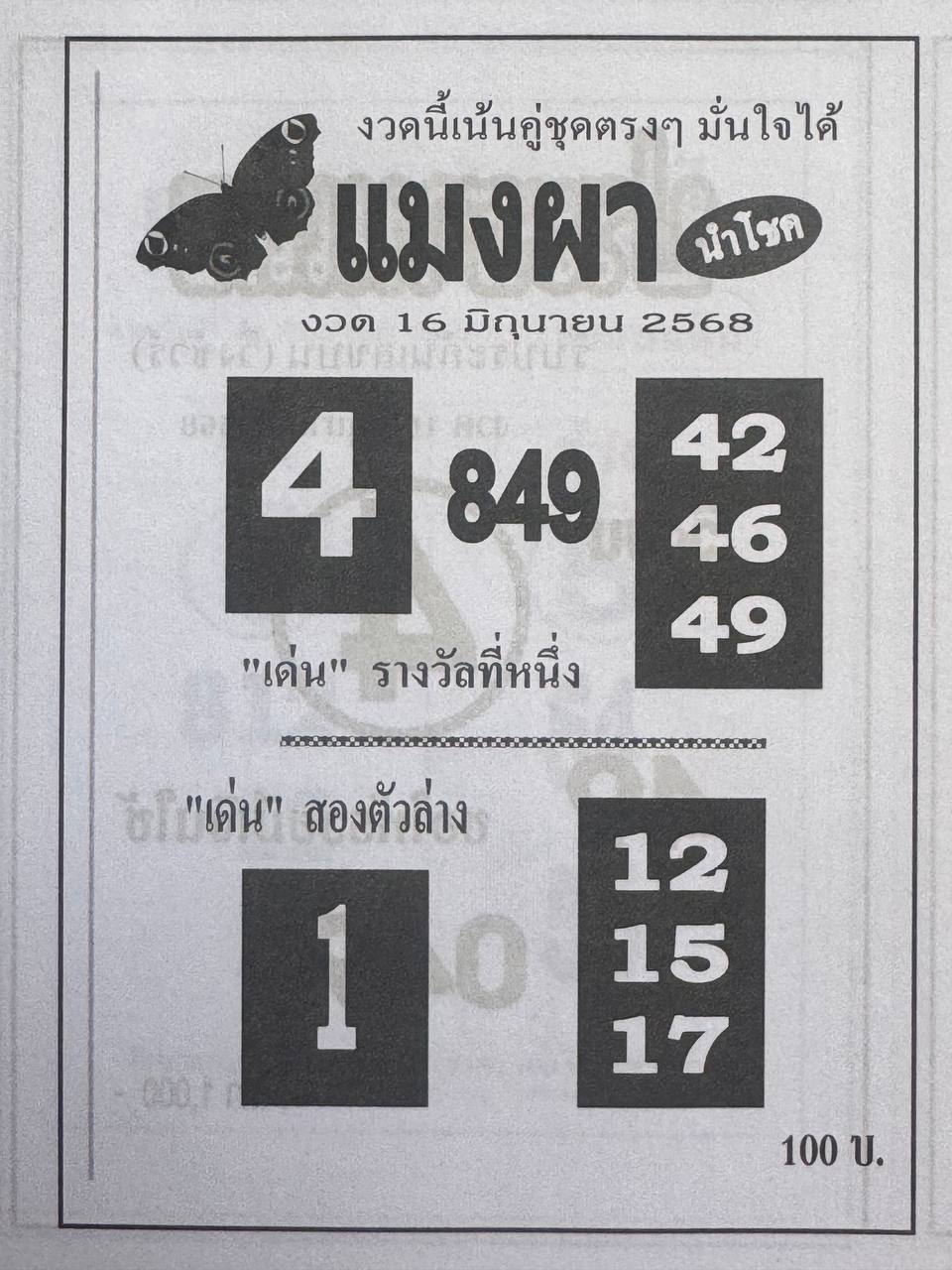 หวยแมงผานำโชค 16/6/68